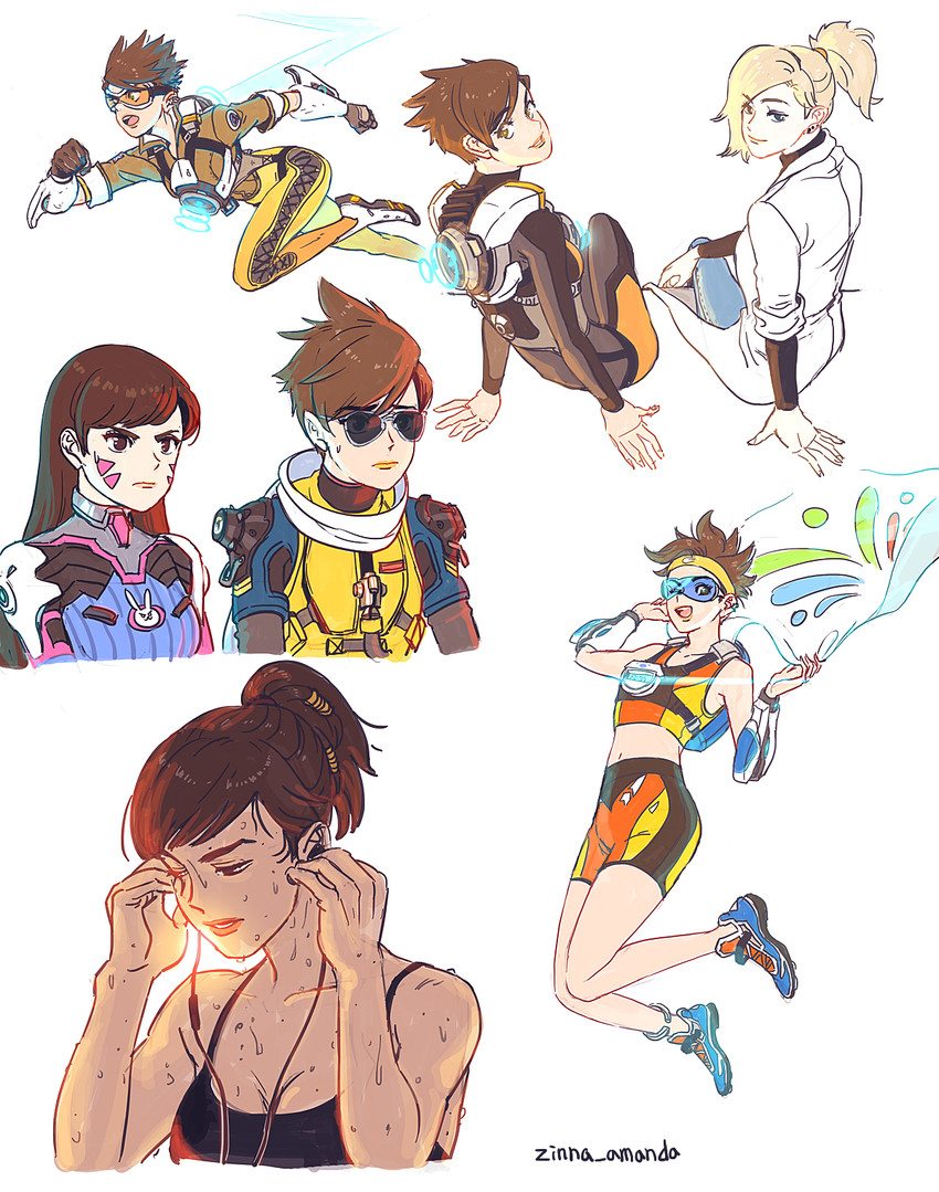 d.va, mercy, tracer, dr. ziegler, slipstream tracer, and 1 more (overwatch and 1 more) drawn by amanda_zinna