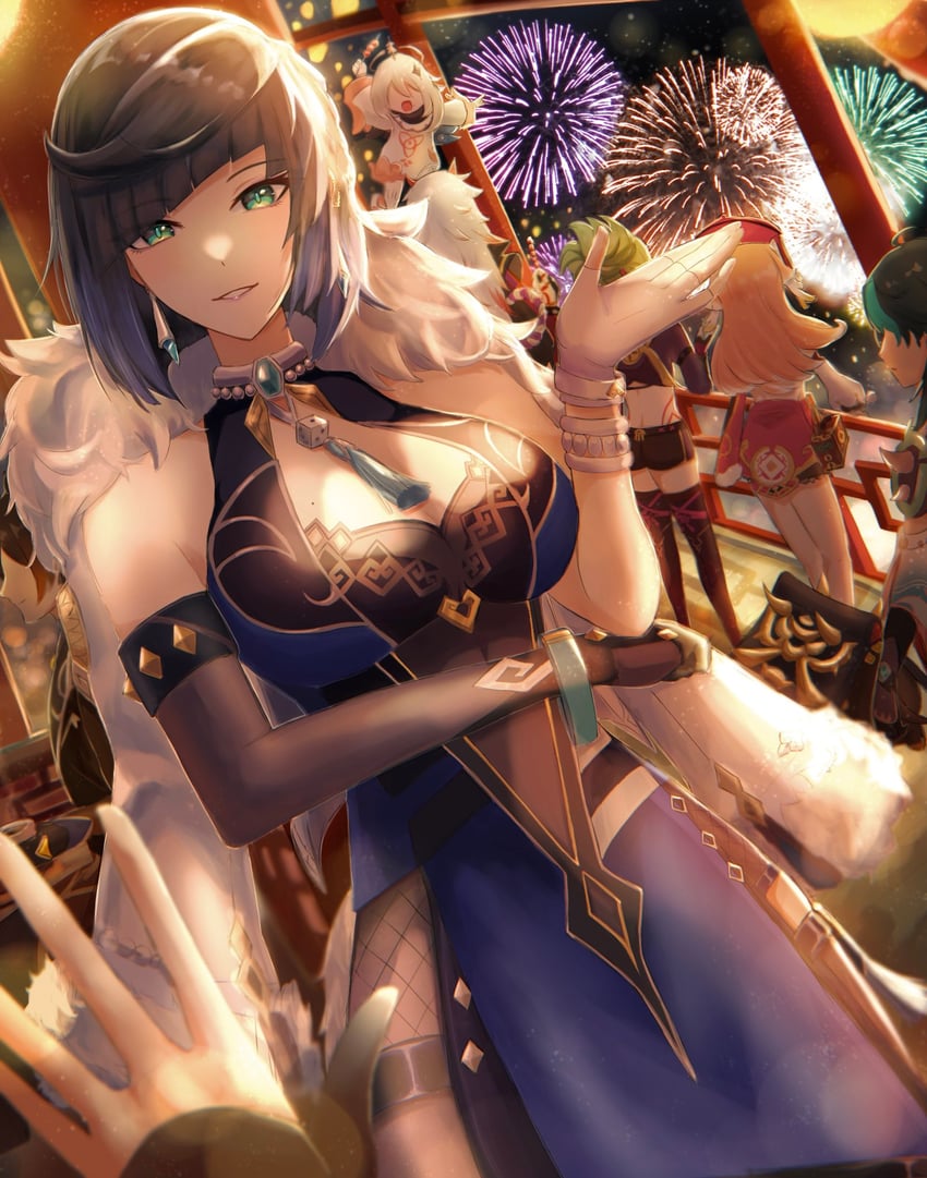 lumine, zhongli, paimon, xiao, yelan, and 3 more (genshin impact) drawn by milk_(ohota_ye1)