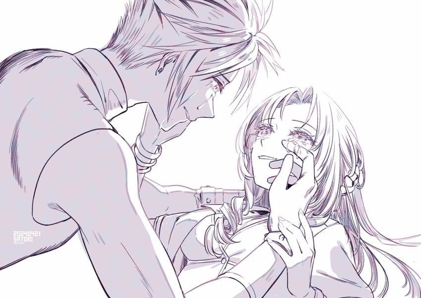 cloud strife and aerith gainsborough (final fantasy and 3 more) drawn by cha_niao_(strxscs)
