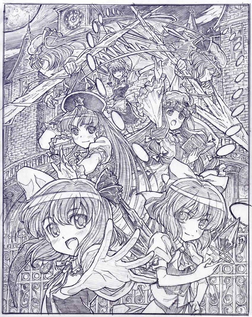 remilia scarlet, flandre scarlet, izayoi sakuya, cirno, patchouli knowledge, and 2 more (touhou and 1 more) drawn by sakino_shingetsu