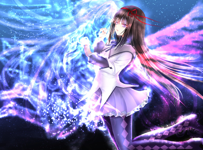 akemi homura and kaname madoka (mahou shoujo madoka magica) drawn by ponytail_korosuke