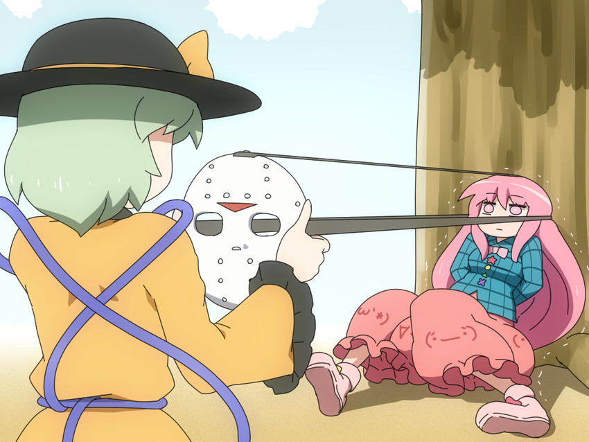 komeiji koishi, hata no kokoro, and jason voorhees (touhou and 1 more) drawn by shirosato