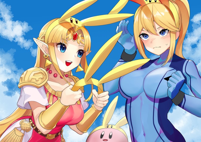 princess zelda, kirby, and samus aran (the legend of zelda and 5 more) drawn by katwo