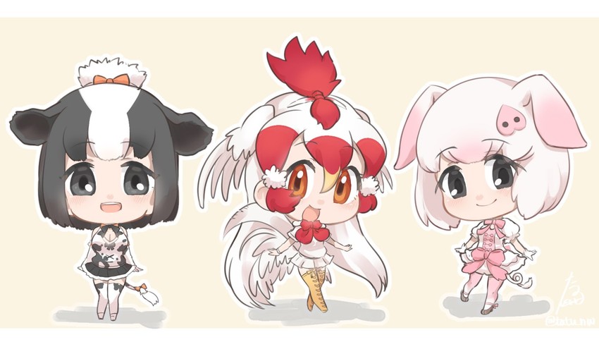 holstein friesian cattle, pig, and chicken (kemono friends) drawn by tatsuno_newo