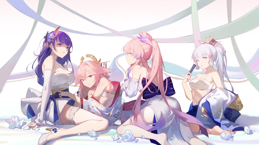 raiden shogun, yae miko, kamisato ayaka, and sangonomiya kokomi (genshin impact) drawn by change_(1044080555)