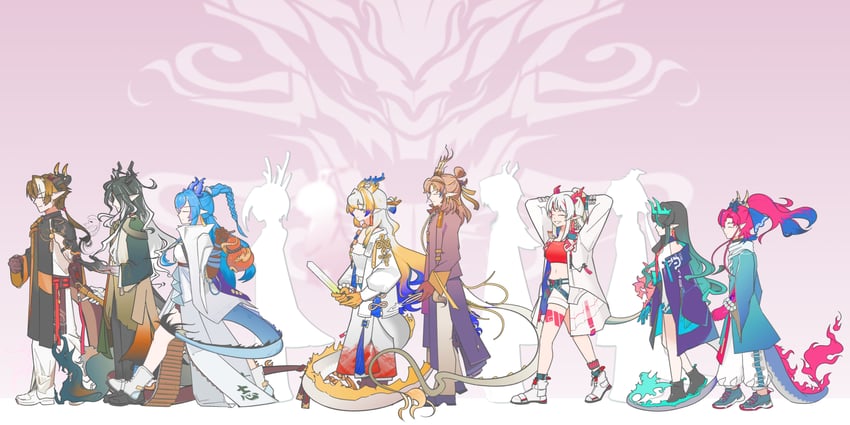 shu, dusk, nian, chongyue, ling, and 5 more (arknights and 1 more) drawn by zhibi_bu