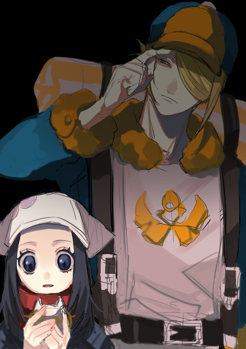 akari and volo (pokemon and 1 more) drawn by edamameko210