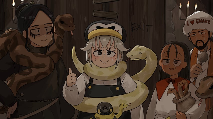 penguin keeper, snake keeper, snake girl, and snake man (zookeepers) drawn by diva_(hyxpk)
