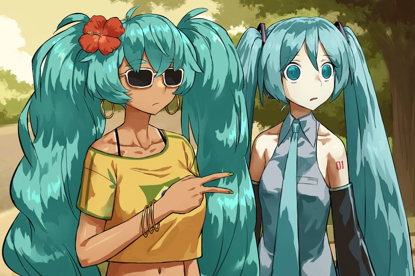 hatsune miku and brazilian miku (vocaloid) drawn by haraya_manawari