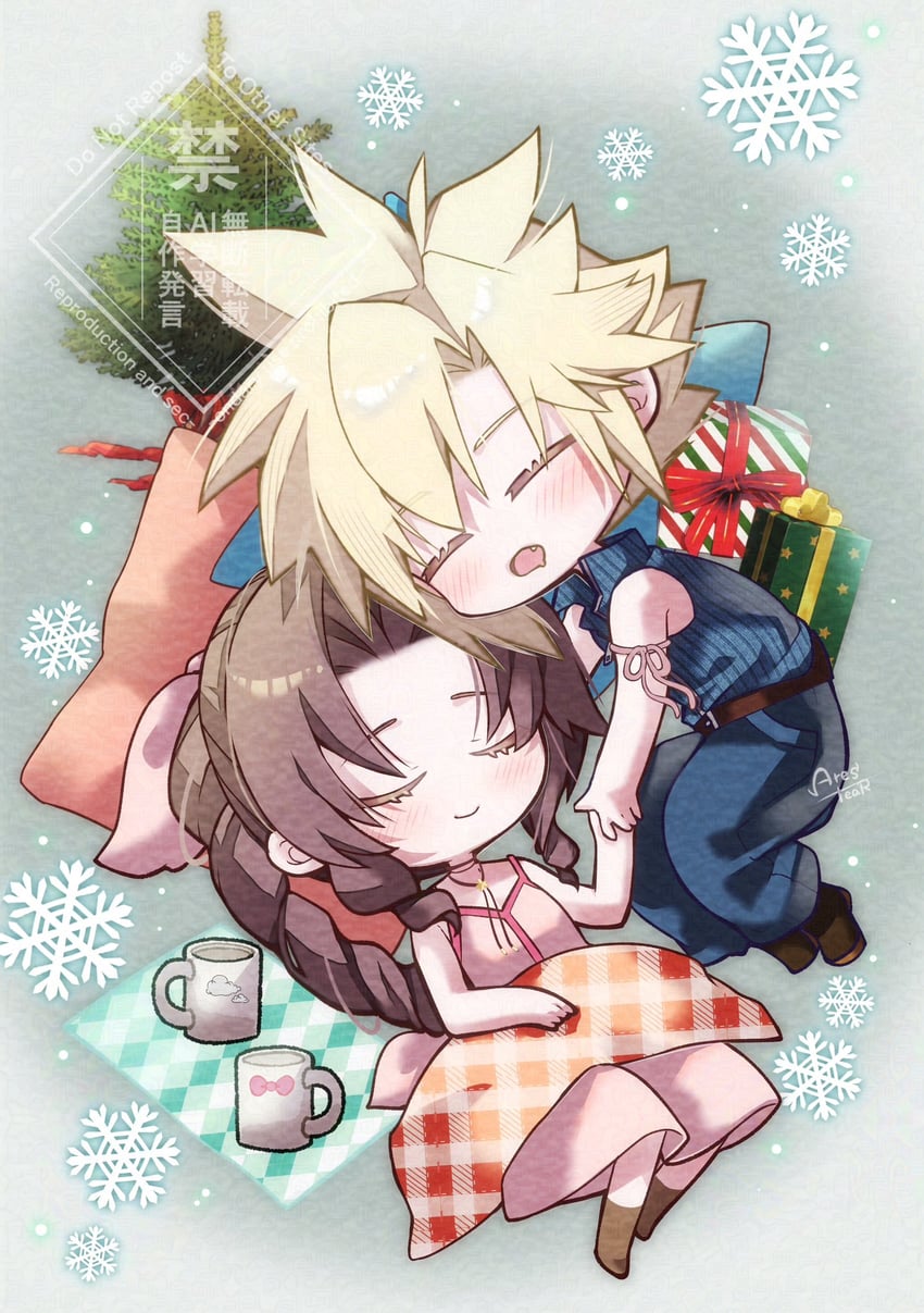 cloud strife and aerith gainsborough (final fantasy and 4 more) drawn by arestear0701