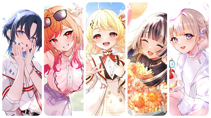 ichijou ririka, juufuutei raden, otonose kanade, hiodoshi ao, and todoroki hajime (hololive and 1 more) drawn by kakapo_green