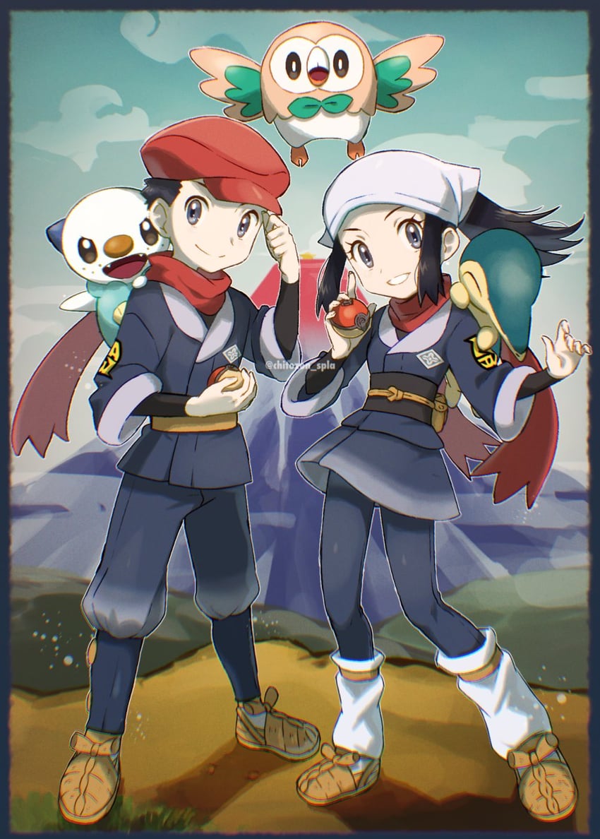 akari, rowlet, oshawott, cyndaquil, and rei (pokemon and 1 more) drawn by chitozen_(pri_zen)