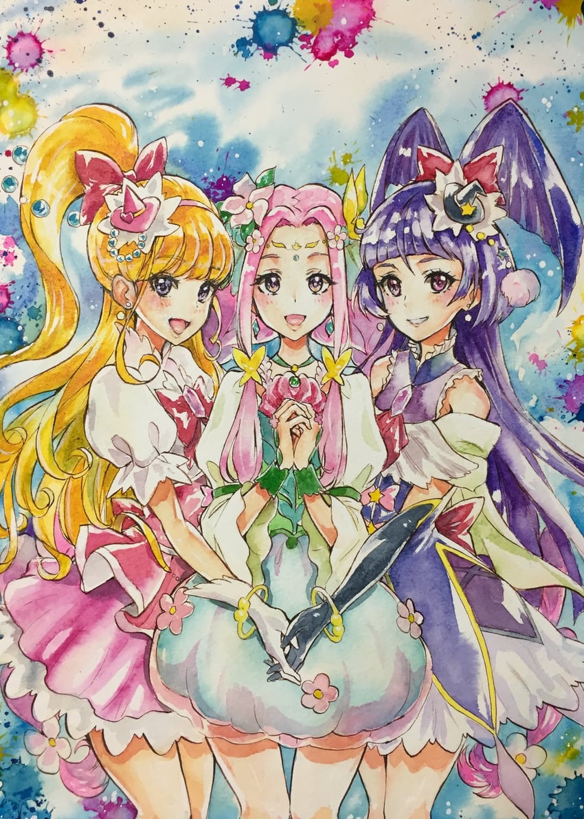 asahina mirai, izayoi liko, cure miracle, cure magical, hanami kotoha, and 1 more (precure and 1 more) drawn by pukara