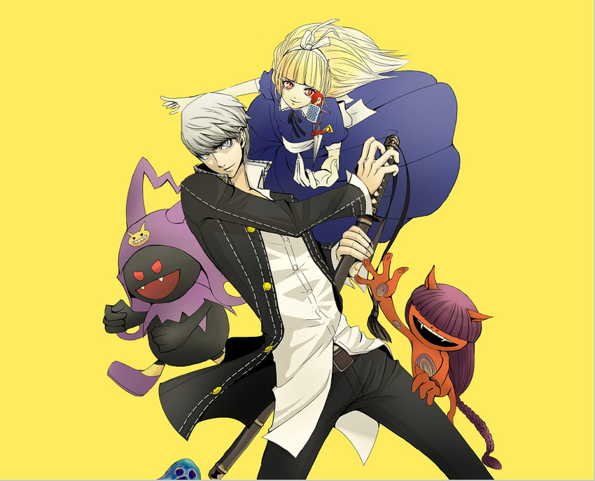 narukami yu, alice, black frost, and obariyon (persona and 3 more) drawn by kaaton