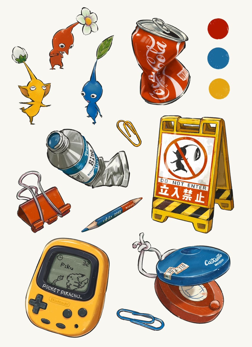 pikachu, red pikmin, yellow pikmin, and blue pikmin (pokemon and 2 more) drawn by komugicorn