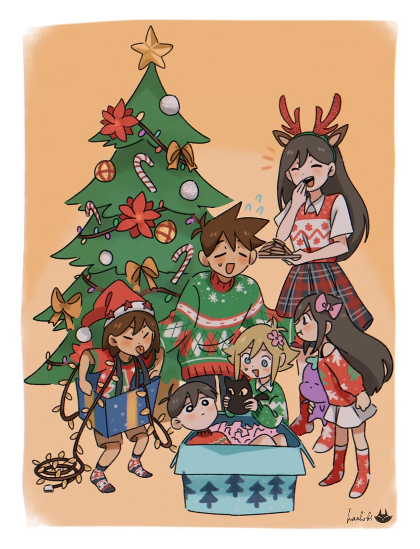 sunny, basil, aubrey, kel, mari, and 3 more (omori) drawn by hashibi_(noyasakihashibi)