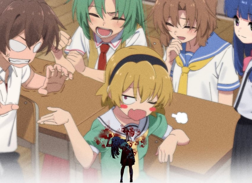 furude rika, ryuuguu rena, houjou satoko, sonozaki mion, and maebara keiichi (higurashi no naku koro ni) drawn by aru_aru