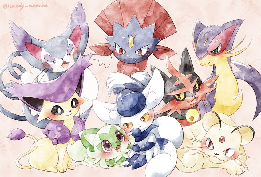 sprigatito, weavile, meowstic, liepard, persian, and 3 more (pokemon) drawn by remedy_matome