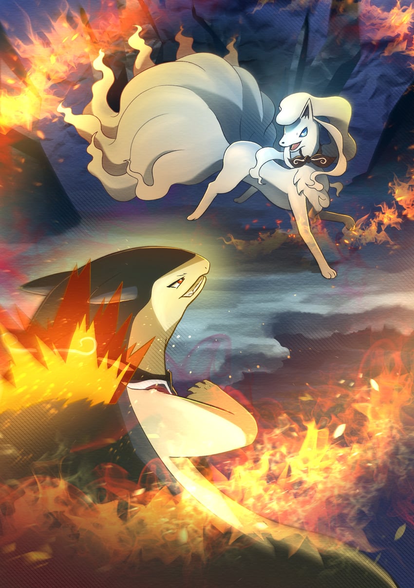 typhlosion and alolan ninetales (pokemon) drawn by yamaori_(hakkentai_pokedan)