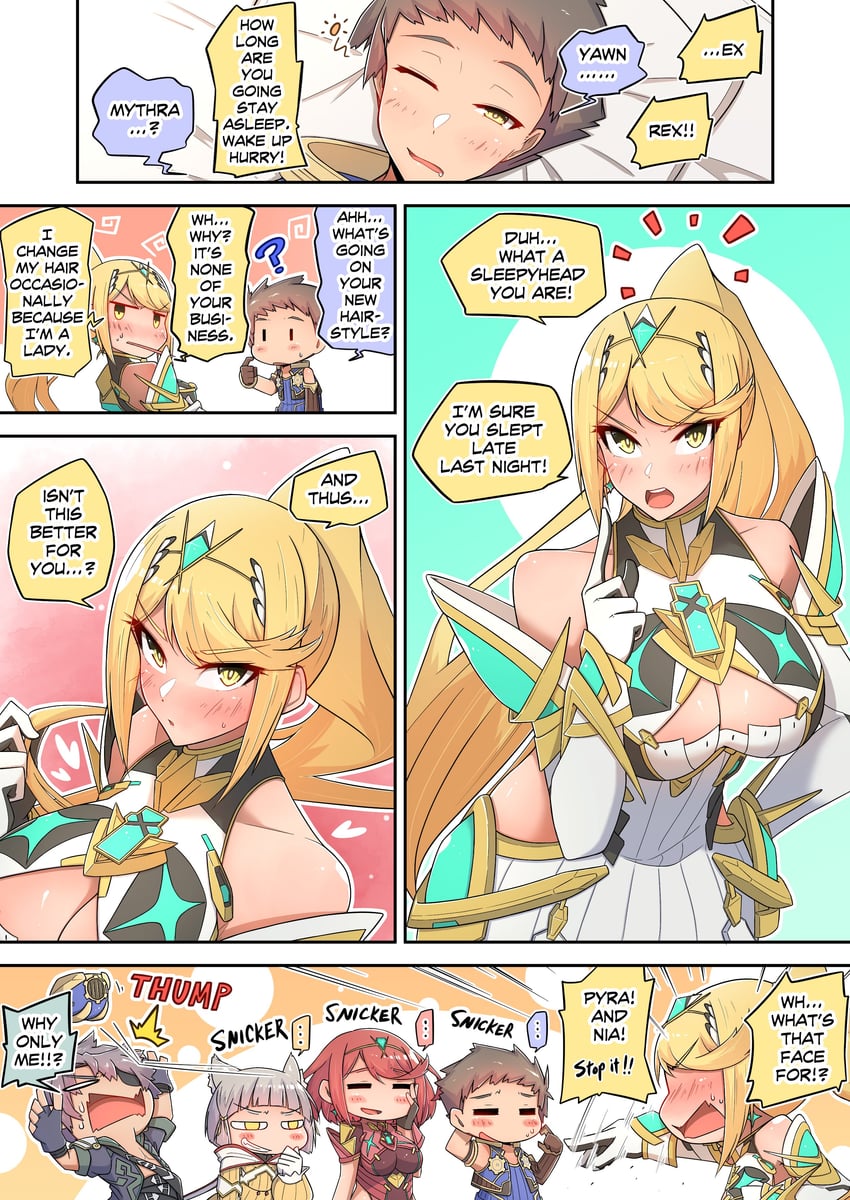 pyra, mythra, nia, rex, and zeke von genbu (xenoblade chronicles and 1 more) drawn by osora_(judithandlilith)