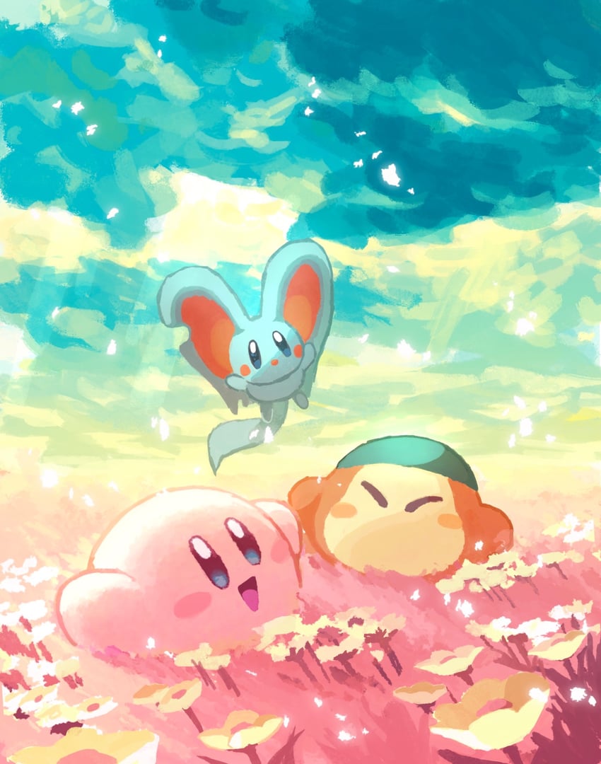 kirby, bandana waddle dee, and elfilin (kirby) drawn by aruco_co
