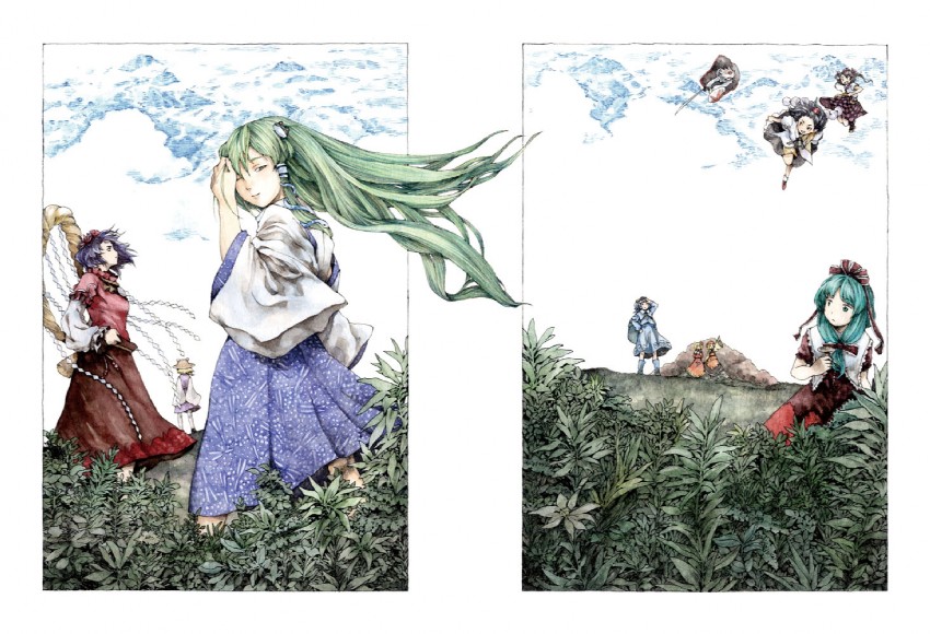 kochiya sanae, shameimaru aya, inubashiri momiji, moriya suwako, kawashiro nitori, and 5 more (touhou and 1 more) drawn by totaku_(musha_prune)