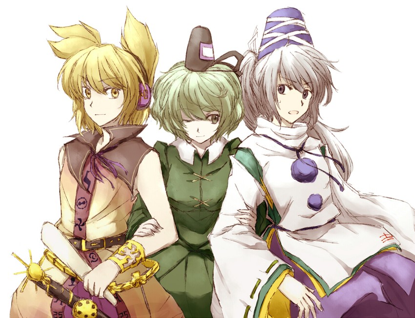 toyosatomimi no miko, mononobe no futo, and soga no tojiko (touhou) drawn by rhapsode