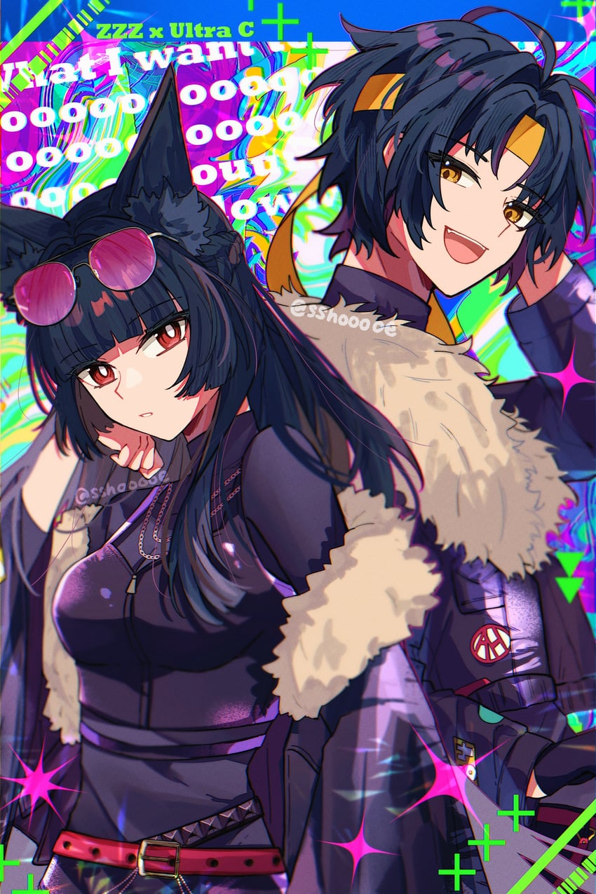 hoshimi miyabi and asaba harumasa (zenless zone zero and 1 more) drawn by sshooooe
