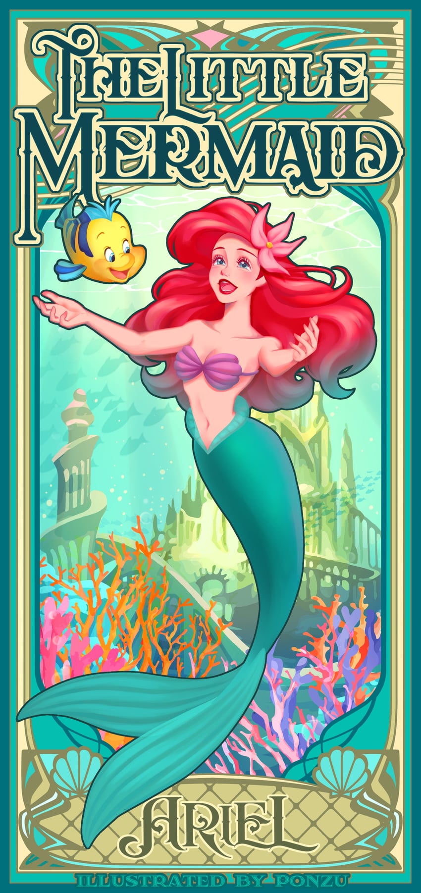 ariel and flounder (the little mermaid) drawn by ponsu_(ponzuxponzu)