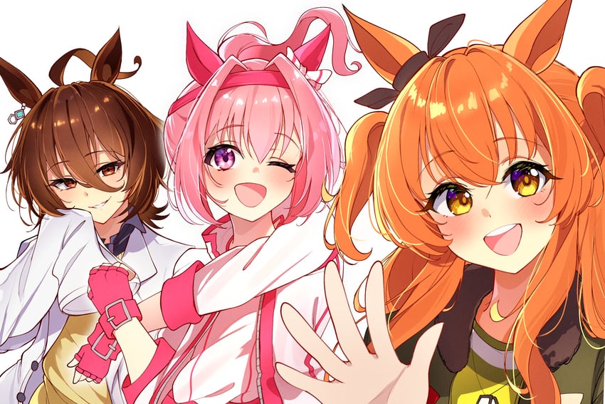 agnes tachyon, mayano top gun, and haru urara (umamusume) drawn by midori_(midori13579)