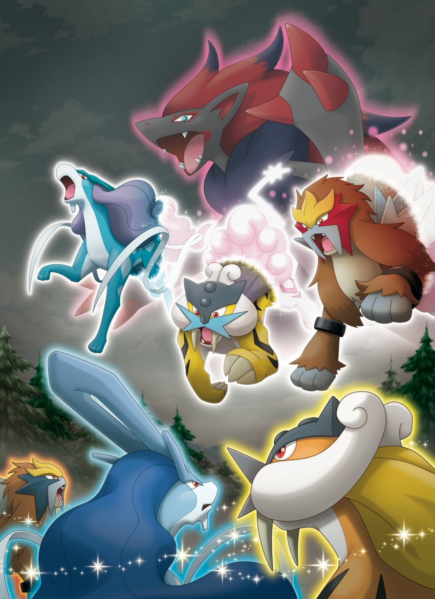 suicune, zoroark, raikou, and entei (pokemon and 1 more) drawn by sugimori_ken