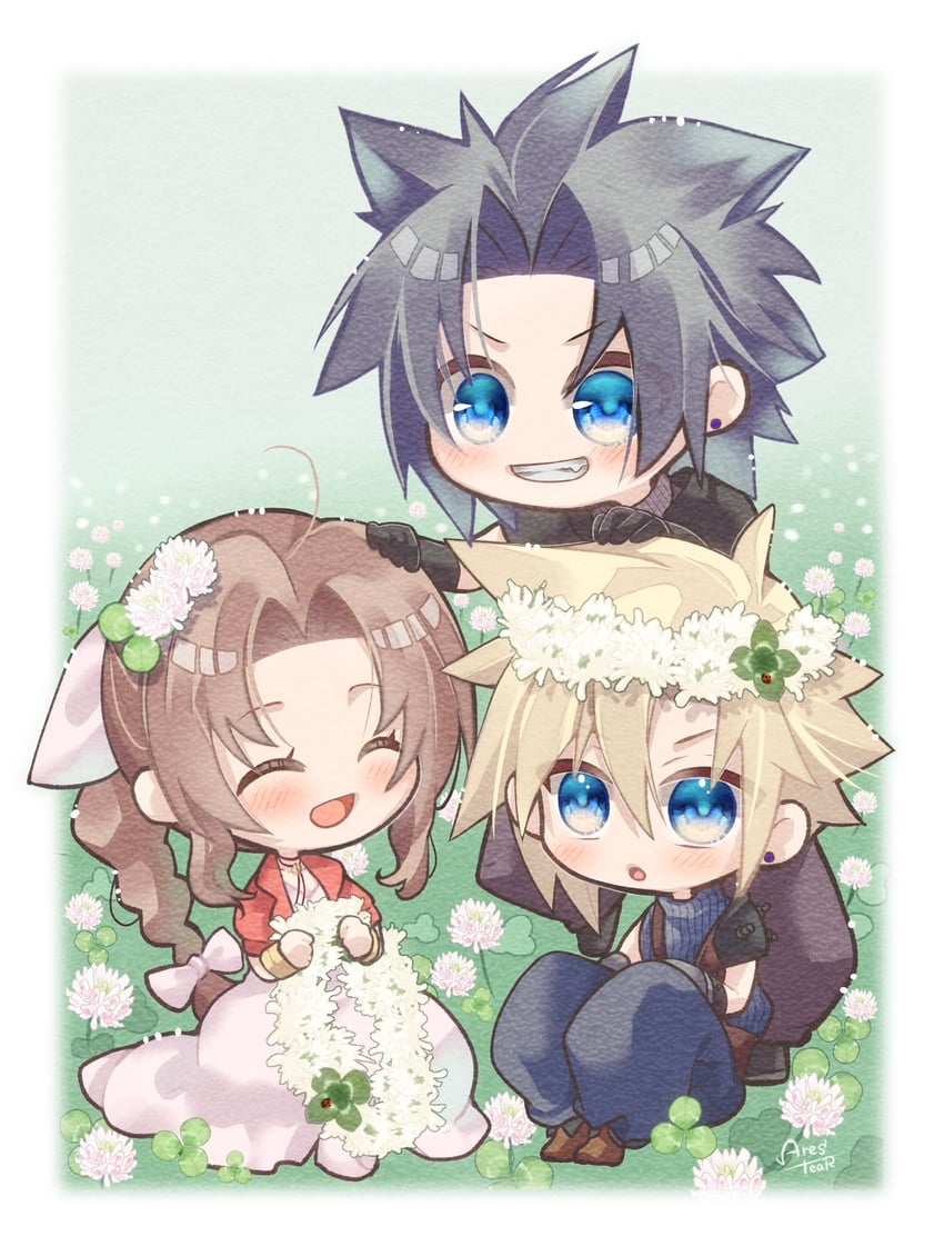 cloud strife, aerith gainsborough, and zack fair (final fantasy and 3 more) drawn by arestear0701