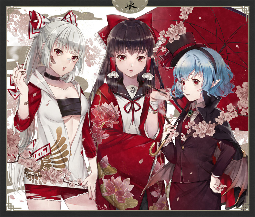 hakurei reimu, remilia scarlet, and fujiwara no mokou (touhou) drawn by ekita_kuro