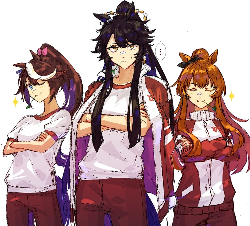 tokai teio, mayano top gun, and narita brian (umamusume) drawn by jagaimobeniko