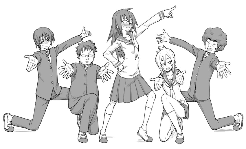 kitahara aya, kurosawa kakeru, takigawa magister, nagaoka keiji, and seki shuuta (suzumiya haruhi no yuuutsu and 1 more) drawn by velzhe