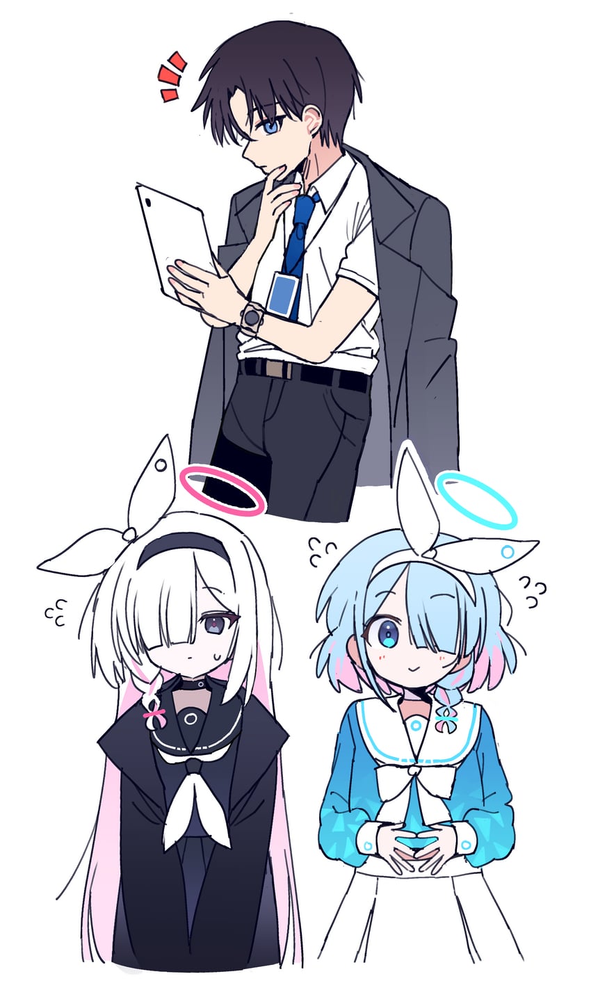sensei, arona, and plana (blue archive) drawn by je_o_mo