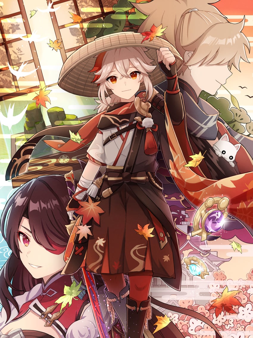 kaedehara kazuha, beidou, and kazuha's friend (genshin impact) drawn by su34ma