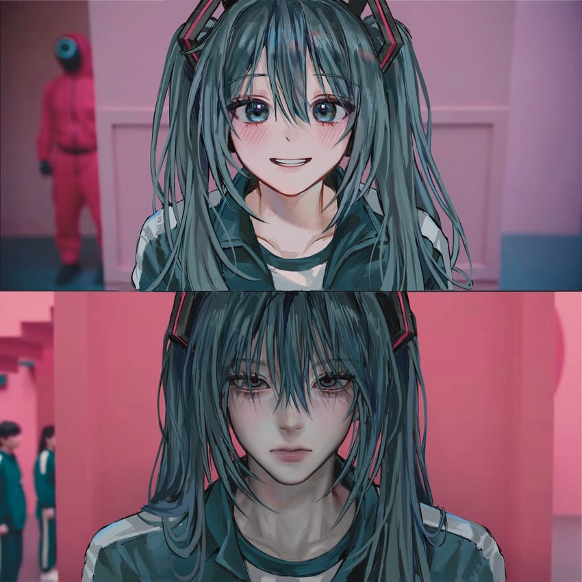 hatsune miku (vocaloid and 1 more) drawn by t0myu3