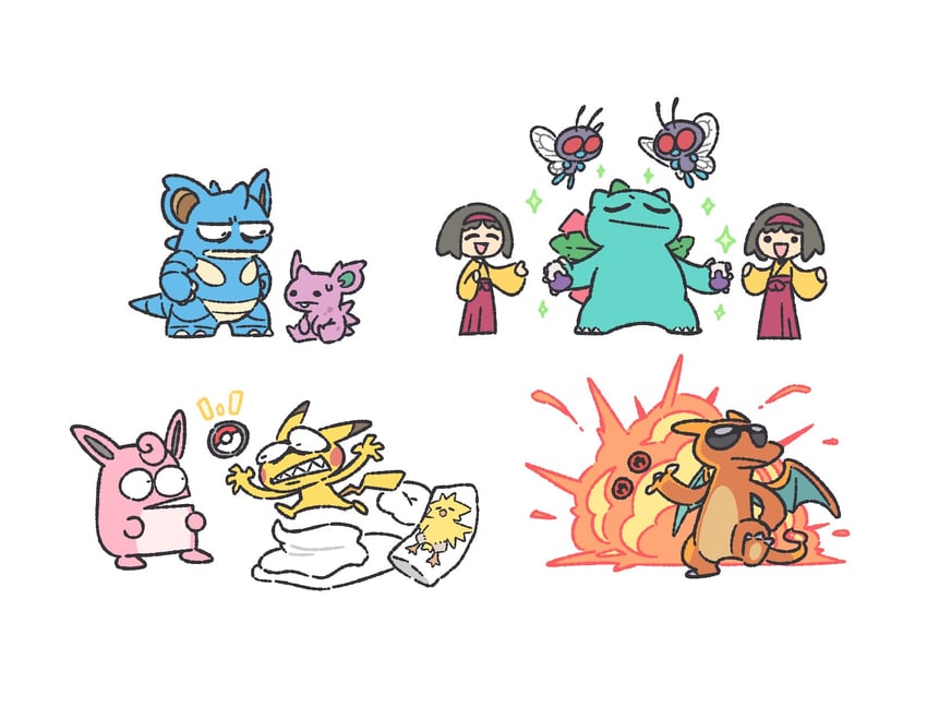 pikachu, charizard, erika, venusaur, butterfree, and 4 more (pokemon and 3 more) drawn by plainwhite