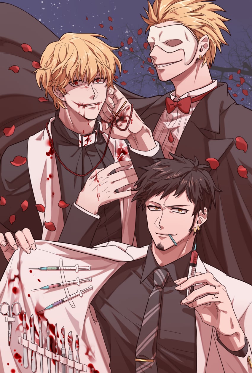 trafalgar law, donquixote doflamingo, and donquixote rocinante (one piece) drawn by starch_syrup