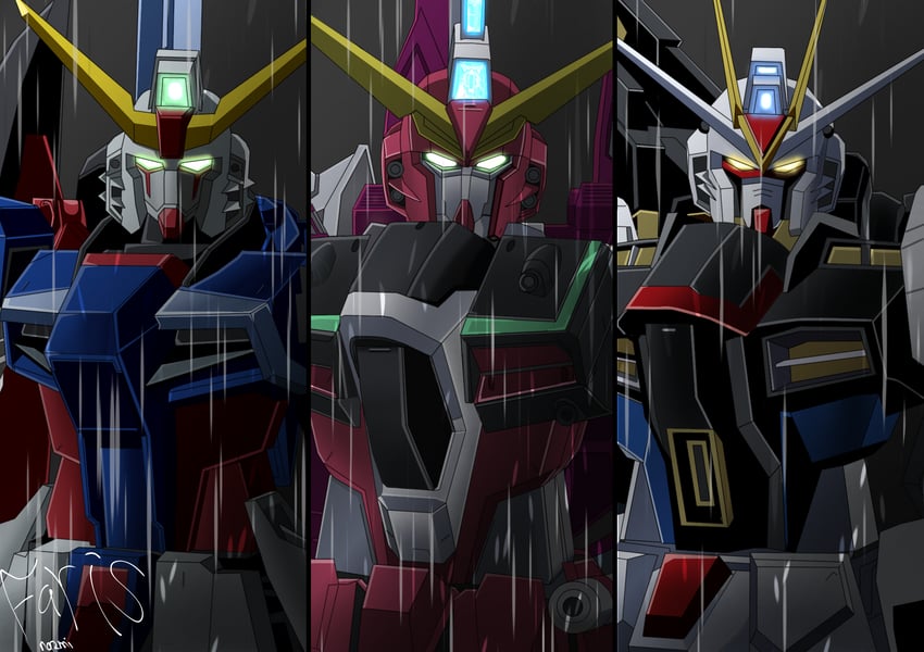 destiny gundam, mighty strike freedom gundam, infinite justice gundam, and destiny gundam spec ii (gundam and 2 more) drawn by gundrass