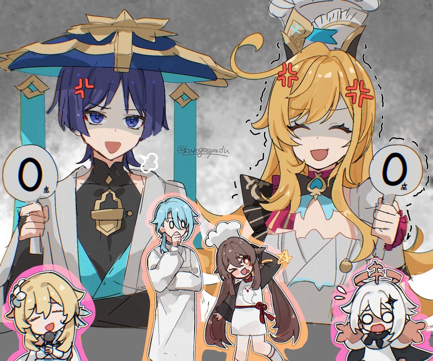 lumine, scaramouche, hu tao, wanderer, paimon, and 2 more (genshin impact) drawn by kuromu_shado