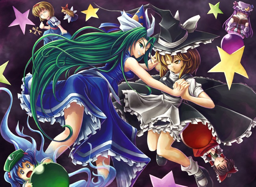 hakurei reimu, kirisame marisa, alice margatroid, patchouli knowledge, kawashiro nitori, and 2 more (touhou) drawn by koto_tsubane