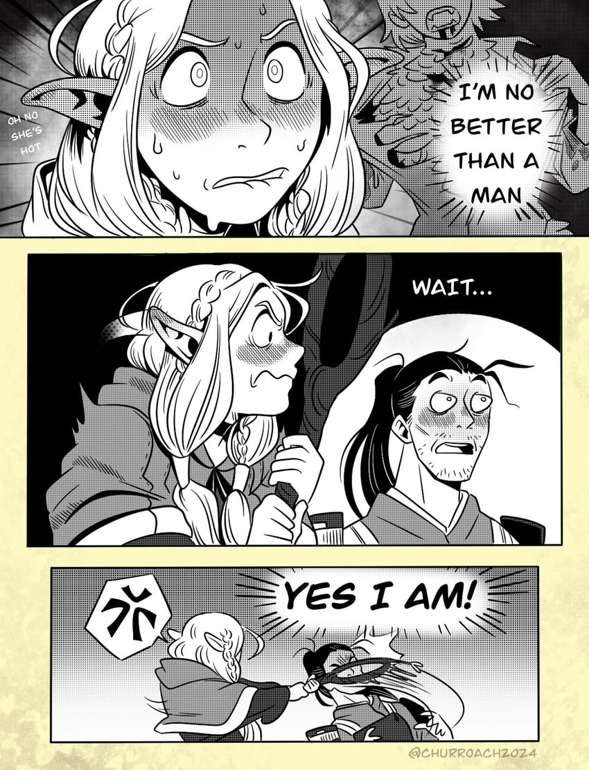 marcille donato, falin touden, and shurou (dungeon meshi) drawn by churroach