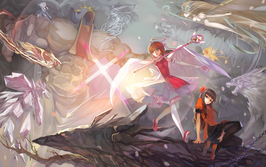 kinomoto sakura, kero, daidouji tomoyo, windy, watery, and 11 more (cardcaptor sakura) drawn by paku