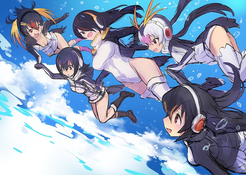 emperor penguin, humboldt penguin, royal penguin, rockhopper penguin, and gentoo penguin (kemono friends) drawn by guchico