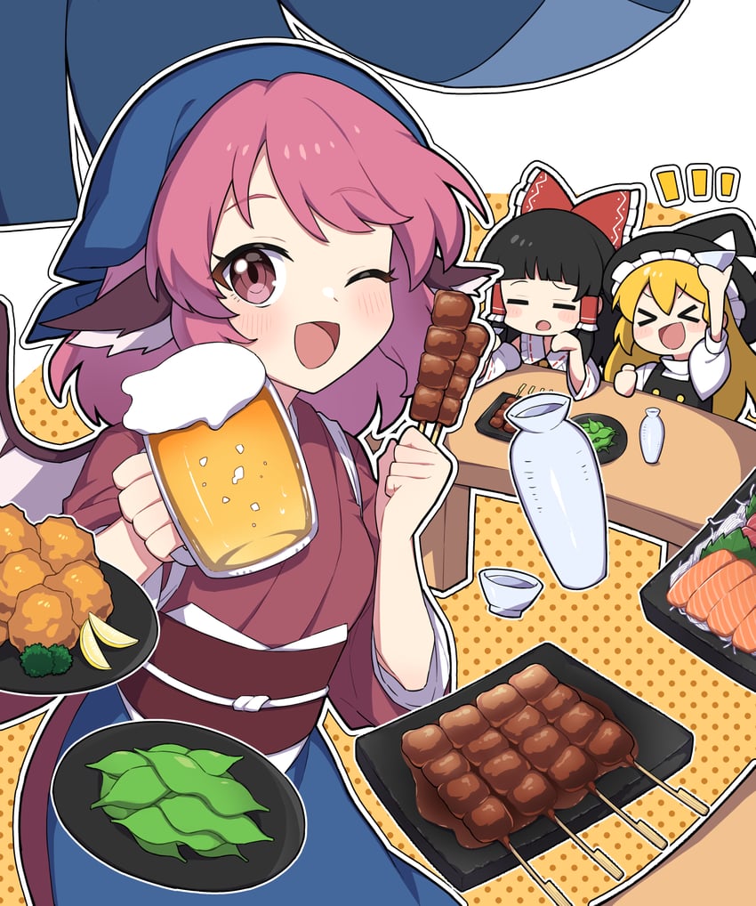 hakurei reimu, kirisame marisa, mystia lorelei, and okamisty (touhou) drawn by miz_(mizillustration)