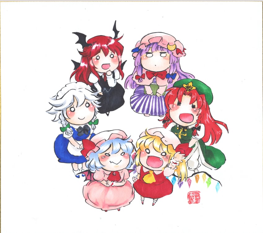 remilia scarlet, flandre scarlet, izayoi sakuya, patchouli knowledge, hong meiling, and 1 more (touhou and 1 more) drawn by yuzuha_(yuzutime)