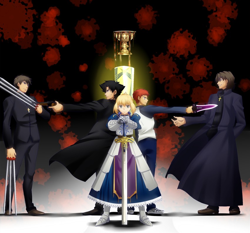 artoria pendragon, saber, emiya shirou, kotomine kirei, and emiya kiritsugu (fate and 2 more) drawn by urako