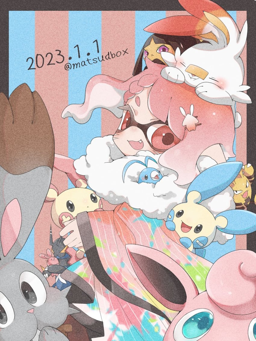 inkling player character, inkling girl, scorbunny, mawile, swablu, and 6 more (pokemon and 1 more) drawn by matsushita_(matsudbox)